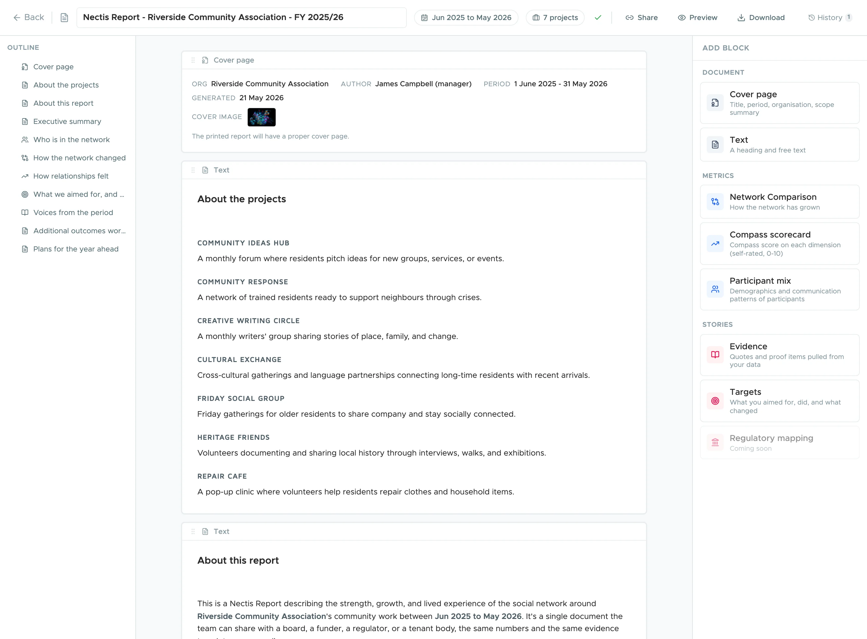 Report editor: outline navigation on the left, the report canvas with cover page and prose blocks in the middle, and the block library on the right